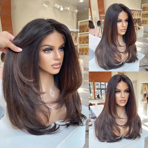 Brown Layered Wig 100% Human Hair 4x4 Lace Front Remy Human Hair Wig - Picture 1 of 10