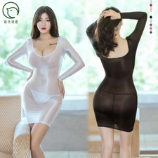 Womens Long Sleeve Sheer Bodycon Dress Mini Dress Clubwear Party Dress w/ T-Back