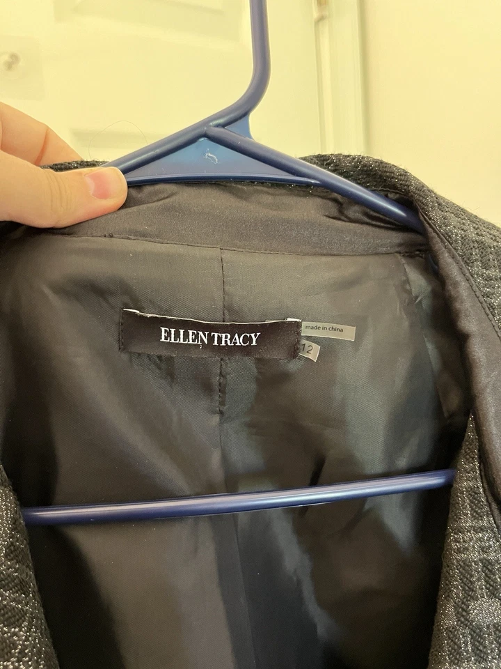 Blazer abierto manga corta Ellen Tracy negro gris plateado formal noche talla L Foto 3 de 4