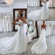 Gorgeous Lace Line Boho Wedding Dresses Chiffon Applique Beach Long Bridal Gowns