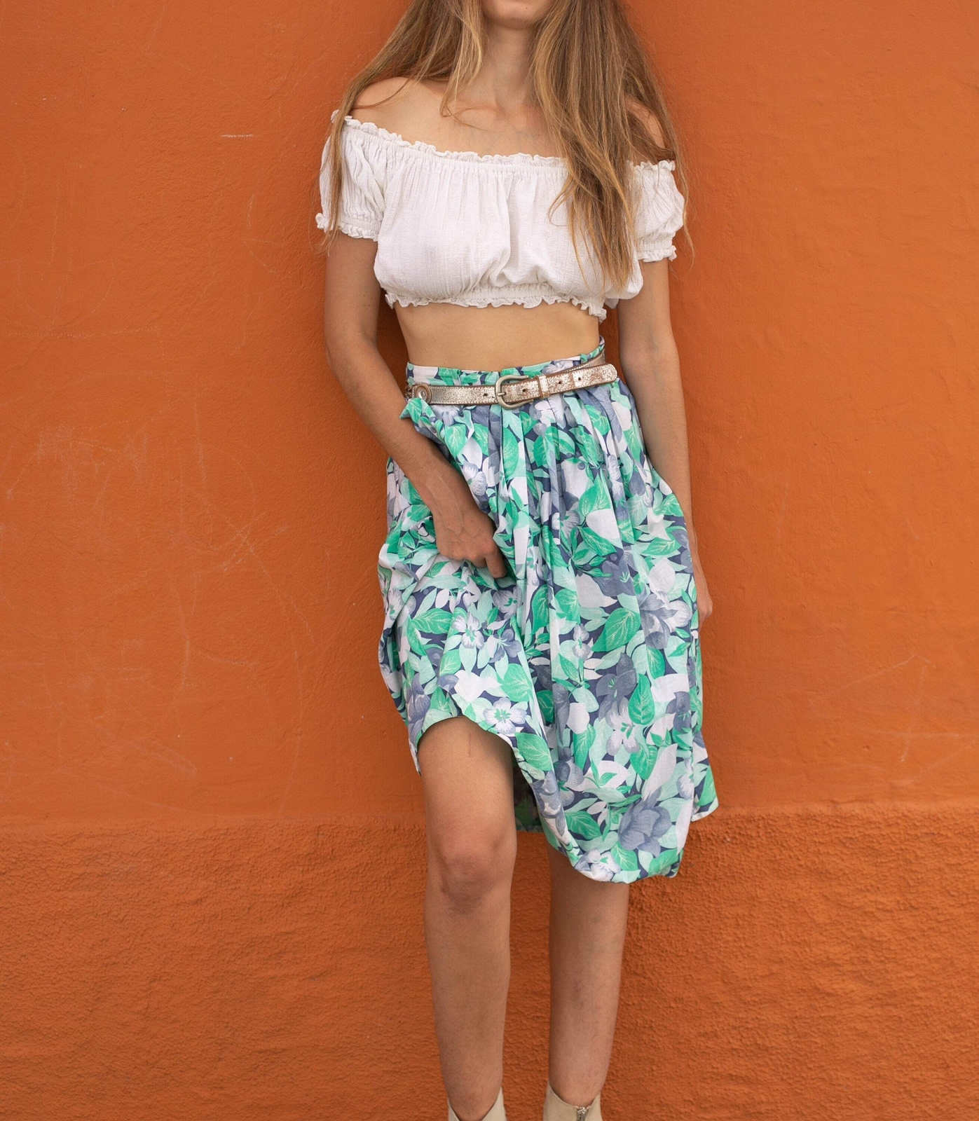 Vintage floral cotton midi skirt, Blue and green cottage core skirt, High rise s