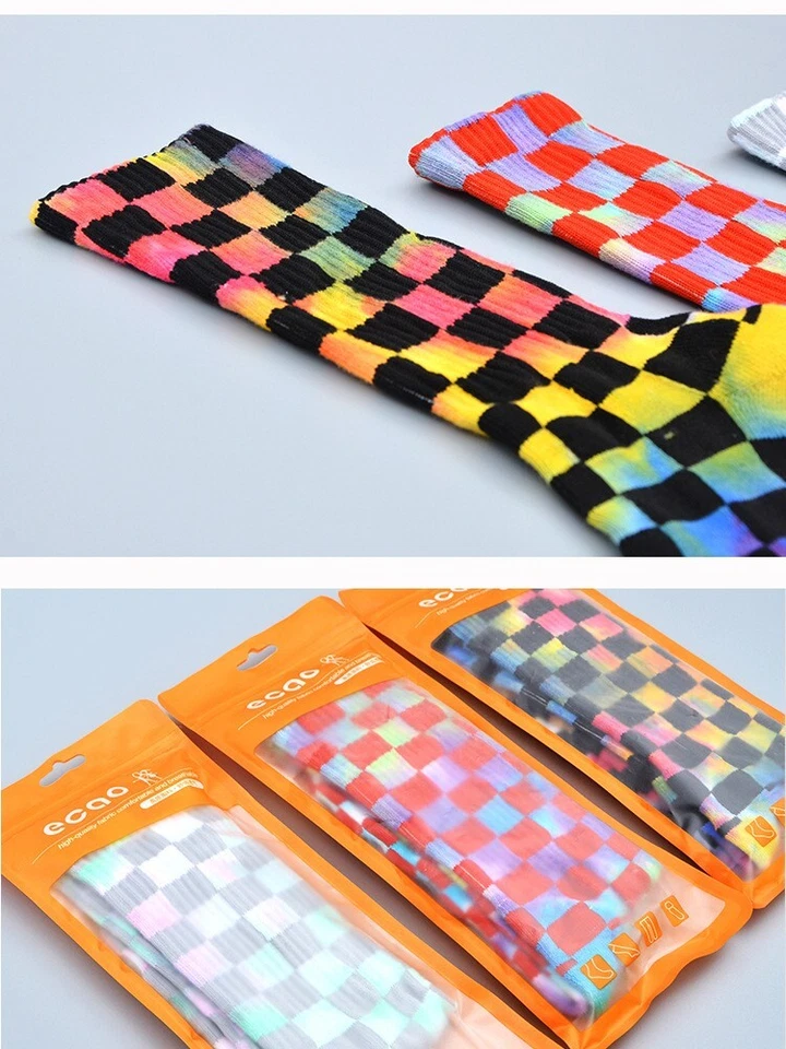 2 Pairs Tie Dye Checkerboard Crew Socks Colorful Streetwear Unisex Plaid Pattern - Image 3 of 4
