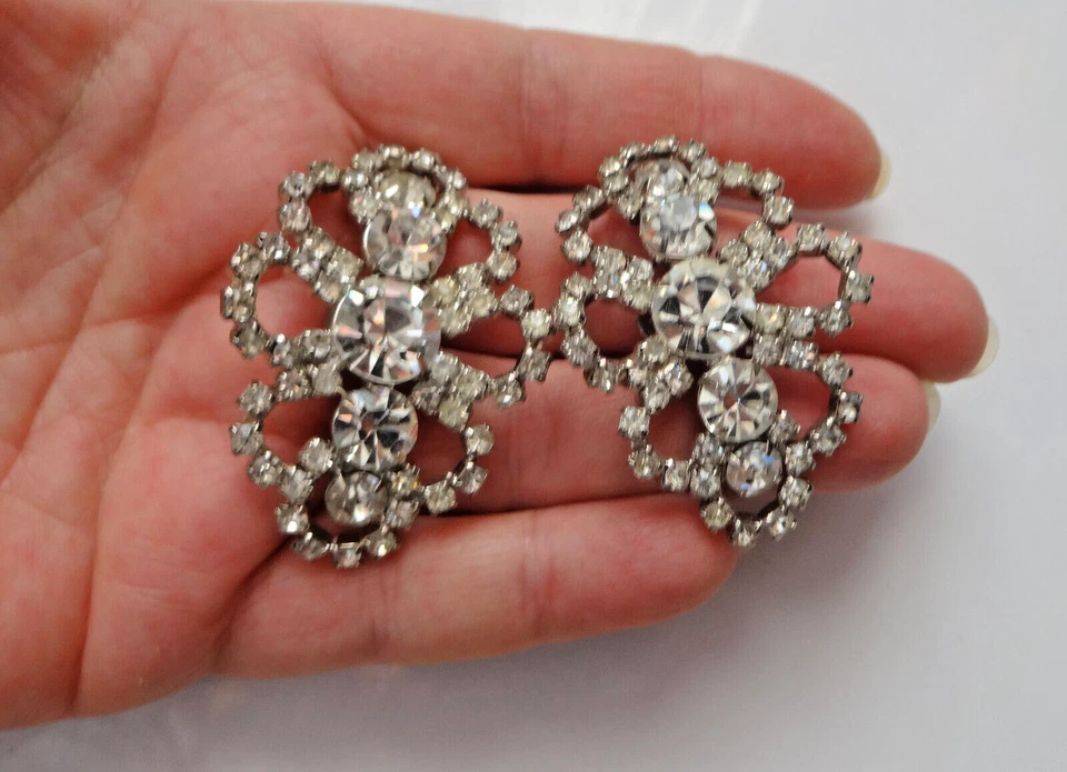 Vintage Edwardian Clear Rhinestone Shoe Buckles Clip - Imagem 2 de 4