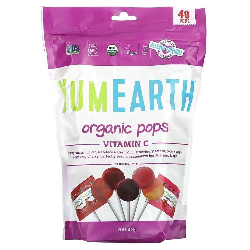 Sucette YumEarth Pops bio sans allergène enrichie en vitamine C pour enfants sensibles