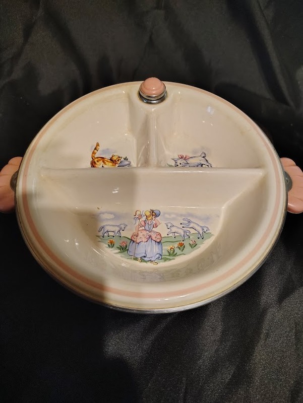 Vintage Bartsch Little Bo Peep Ceramiic and bakelite baby warming dish 1940