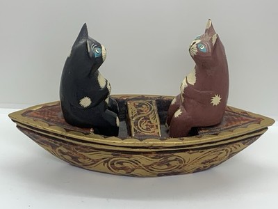 Folk Art Cats in Rowboat Wooden Hand Painted Crafted in Indonesia