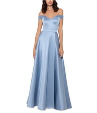 XSCAPE Womens Off-The-Shoulder Satin Gown Dress, blue, 4