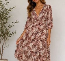 EXPRESS Abstract Print Midi Dress Size L V-Neck Ruched Front High-Low