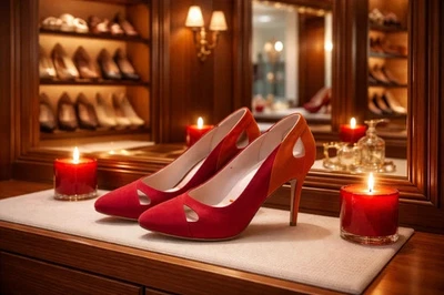 Sublime paire d’escarpins en daim aux teintes rouge profond & orange brûlé, T38 - Photo 1/3