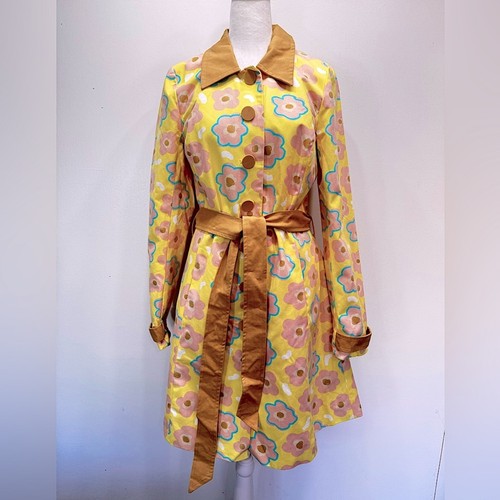 ModCloth Yellow Retro Daisy Flowers Trench Coat Tailored Belted 70s Vibe NEW Med