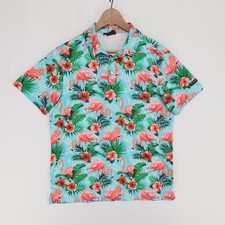 Yatta Golf Just Beachy Polo Shirt Mens M Blue Tropical Flamingo Short Sleeve