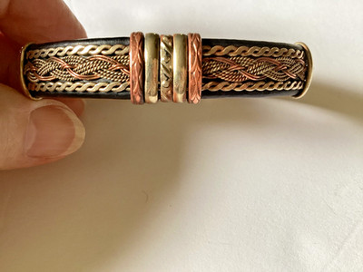 Black Leather Bracelet, cuff style  Gold, Copper bands 3  Across