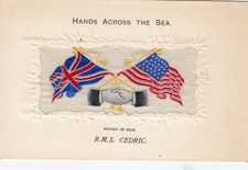 HANDS ACROSS THE SEA; STEVENGRAPH; WOVEN SILK POSTCARD; RMS CEDRIC
