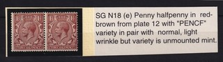 GB KGV SG N18 (E) 1 1/2d Red Brown Plate 12 with 'PENCF' Variety in Pair MNH