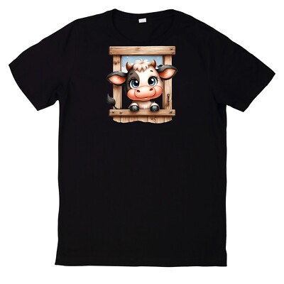 Cute Cow Looking Out Of A Wooden Window Motif Cotton T-Shirt