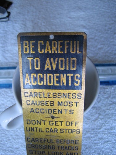 Vintage 1930s TROLLEY CABLE CAR RAILROAD 7" x 2" BRASS WARNING CAUTION SIGN NICE - Picture 12 of 20