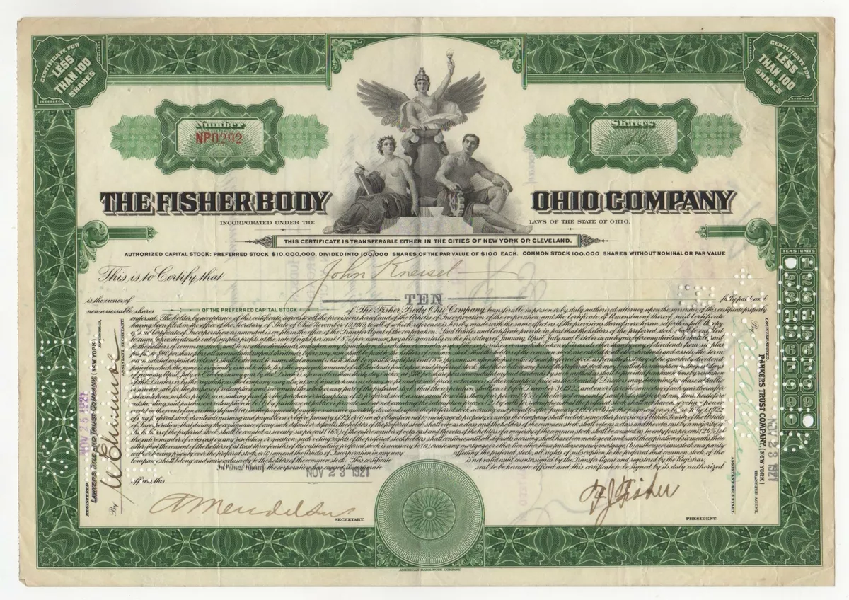 Frederic John Fisher - The Fisher Body Ohio Co. Stock Certificate