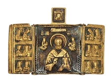 Antique Russian Orthodox Bronze Mini Triptych Icon St Nicholas the Wonderworker
