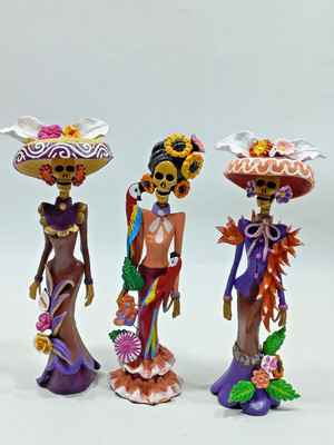 Set of 3 FINE ART CATRINA mexican day of the dead folk art handmade figure 10''