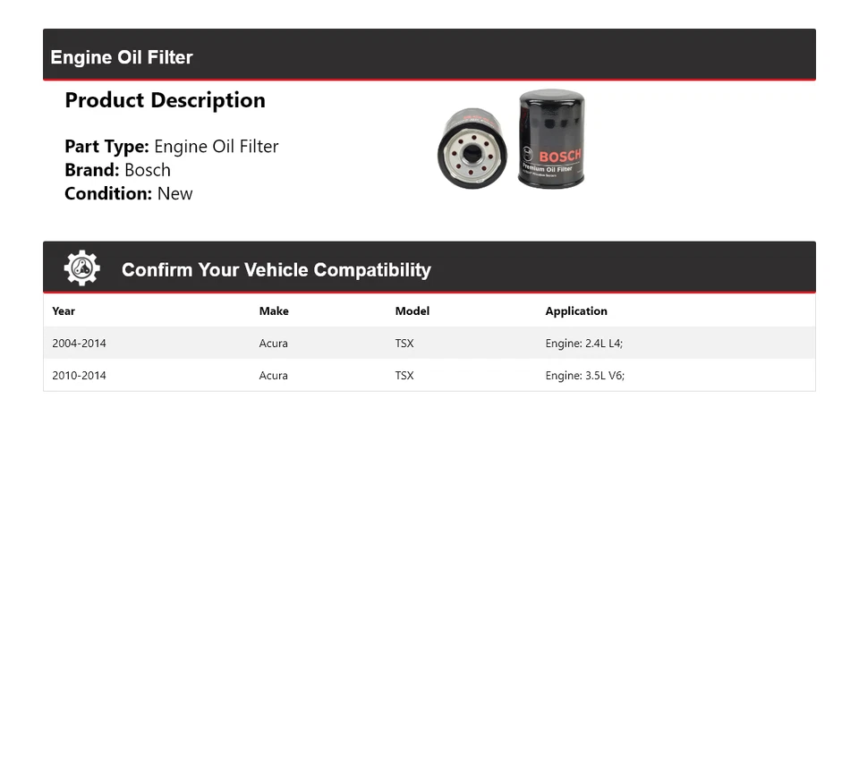 Filtro de aceite premium para Acura TSX 2004-2014 Bosch 2005 2006 2007 2008 2009 2010 Foto 2 de 3