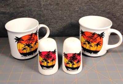 Daytona Beach Florida Palm Tree Silhouette Mugs Cups Salt Pepper Shaker Lot