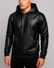 Men's Black Premium Leather Hoodie Handmade Genuine Lambskin Leather Jacket