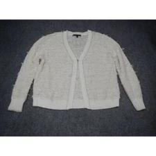 St. John Cream Textured Cardigan Sweater Women's Large Fuzzy Knit Wool Blend