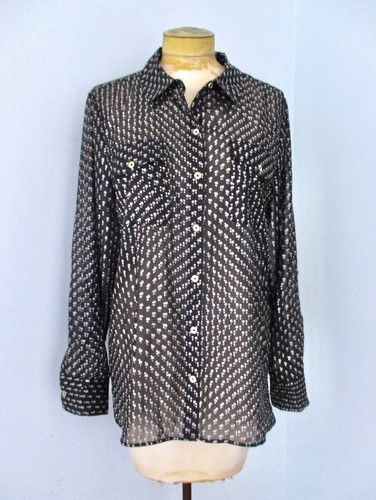 NWOT Tommy Hilfiger Black Tiny Silver Stars Silky Poly Blouse Top Roll Tab Slv M - Picture 6 of 9