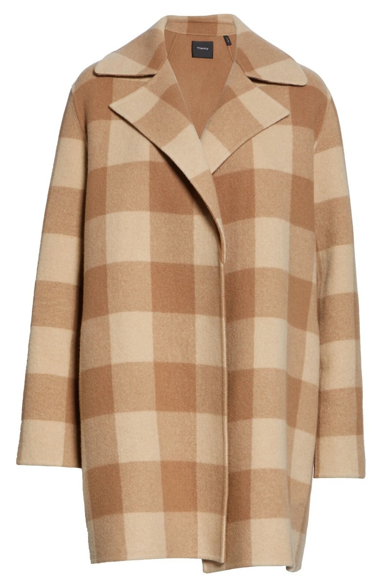 NWT Theory Overlay DF Check Wool Coat in Camel Multi Size S, M