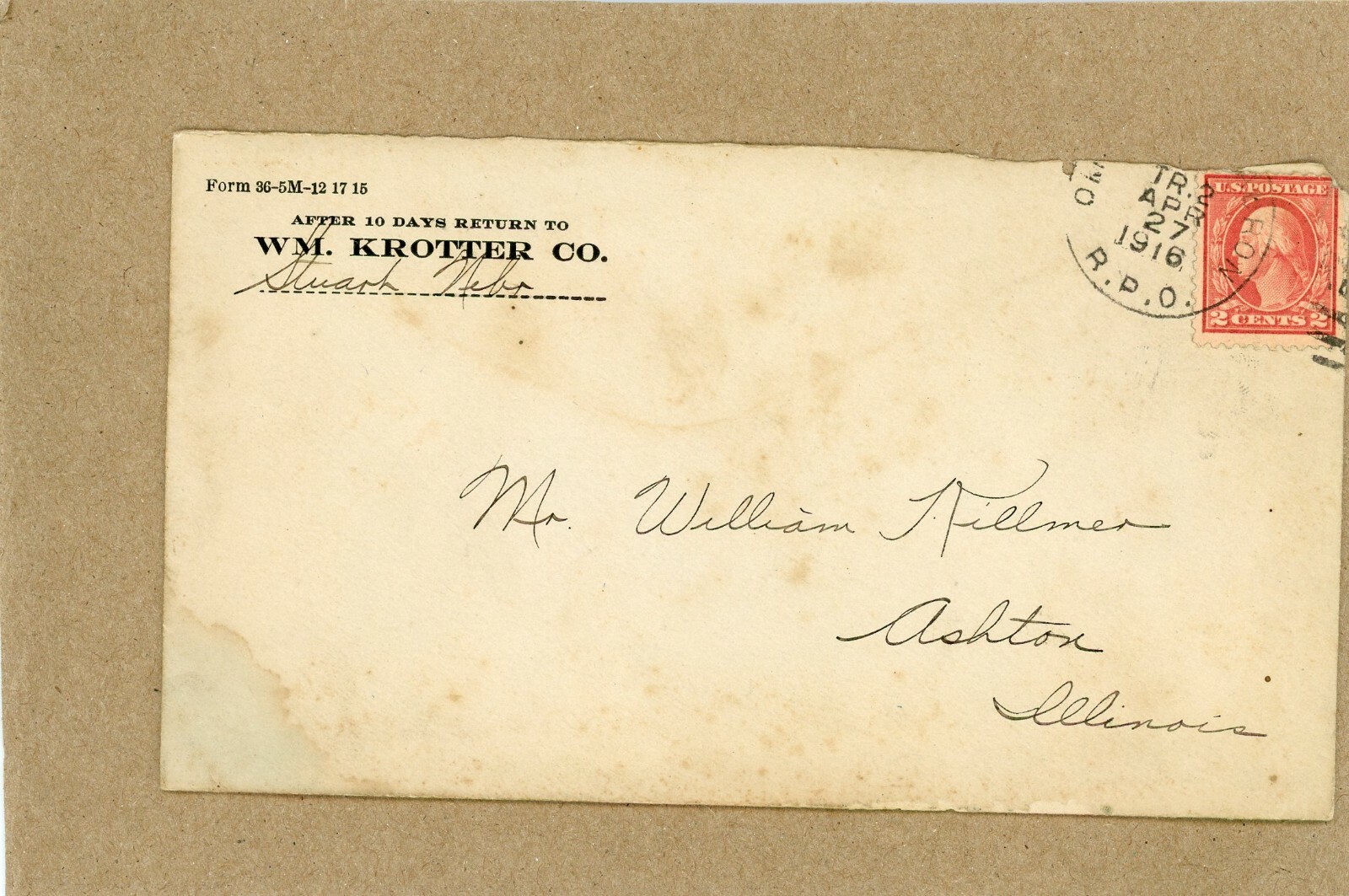 WM KROTTER CO., STUART, NEBRASKA TO ASHTON, ILLINOIS APRIL 1916 RPO