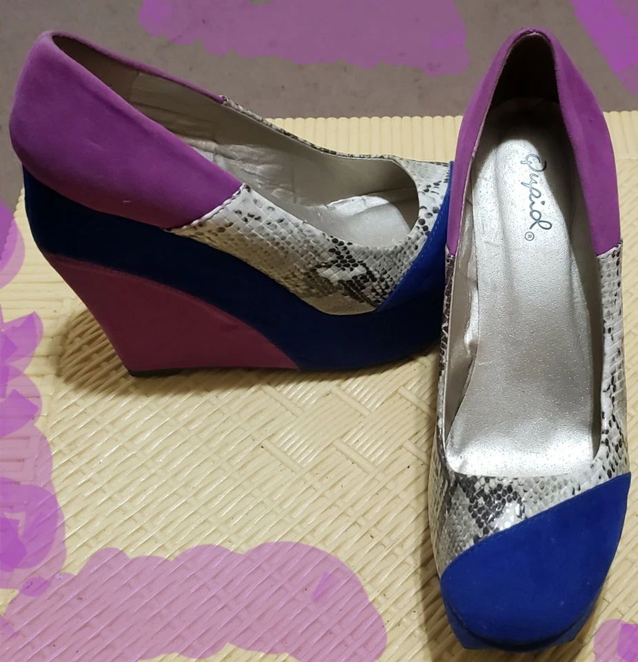 Tacón de cuña plataforma gamuza Qupid talla (7) púrpura/azul top patrón serpiente Foto 3 de 4