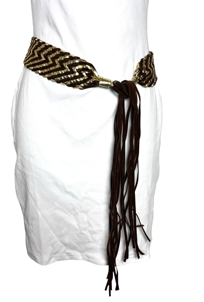 Cinturón ancho vintage Y2K dorado y marrón llamativo gamuza flecos lazos cerrados talla única Foto 2 de 3