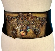 Noemi Sarel Belt Jewelry Collage Signed Embellished OOAK Wearable Art 4" Wide