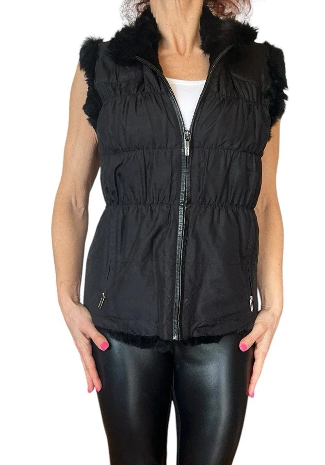 Linda Richards Luxury XS Ruched Silk Black Knit  Rabbit Fur Reversible Vest - Image 2 of 4