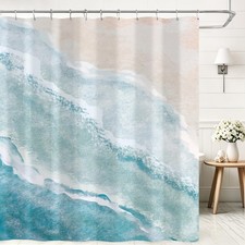 Beach Ocean Themed Shower Curtain, Teal Blue Coastal Fabric Shower Curtains f...