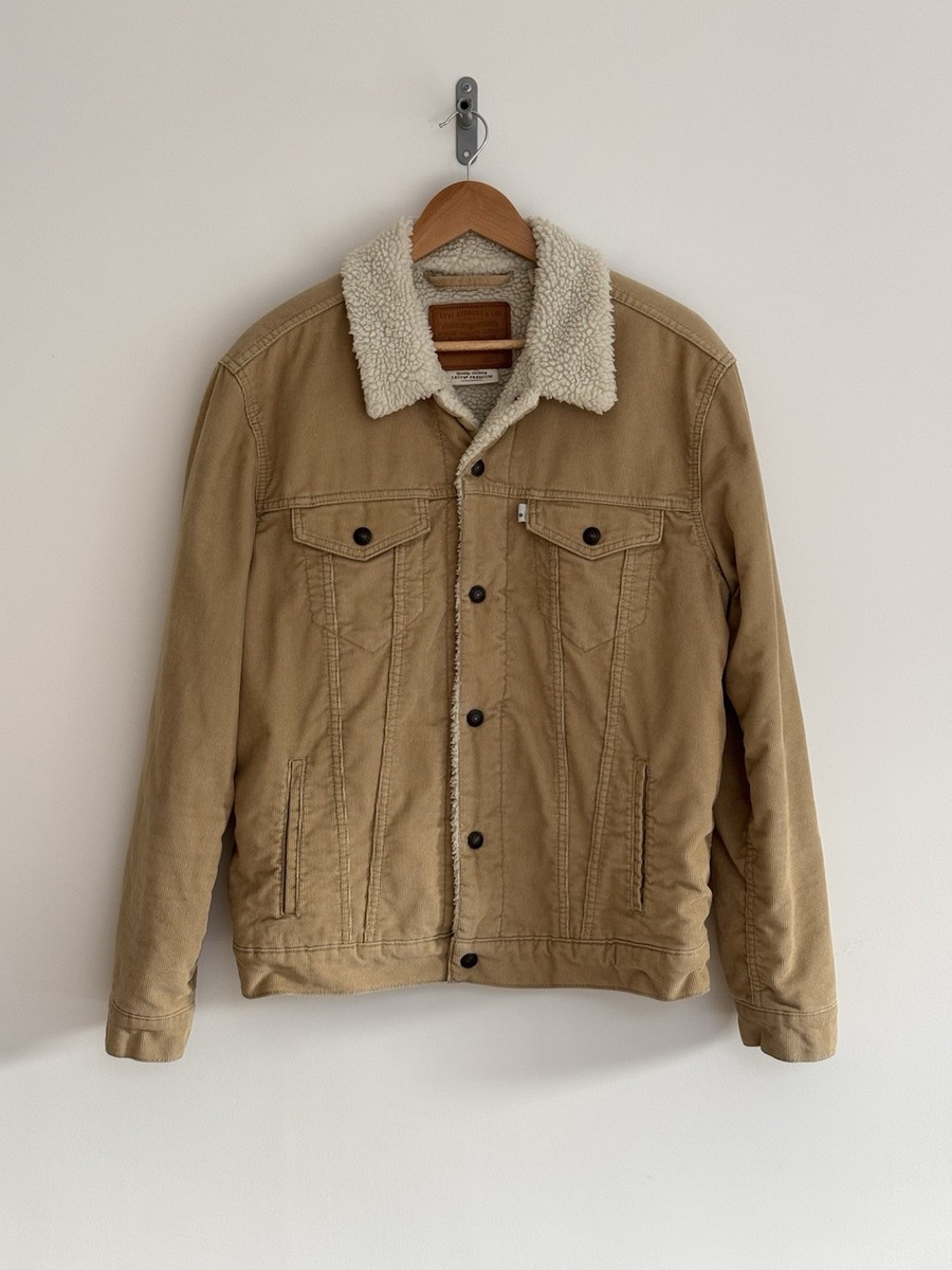 Levi’s Sherpa Trucker Jacket Vintage 90s Tan Corduroy Cream Fur Collar Large