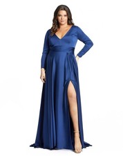 Mac Duggal Plus Size 24W Blue 55290 Satin V-Neck Long Sleeve Dress Gown Formal