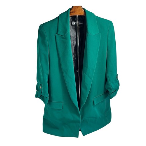 Zara Emerald Green Women's Open Front Blazer Size Small 3/4 Sleeves Rolled Cuff