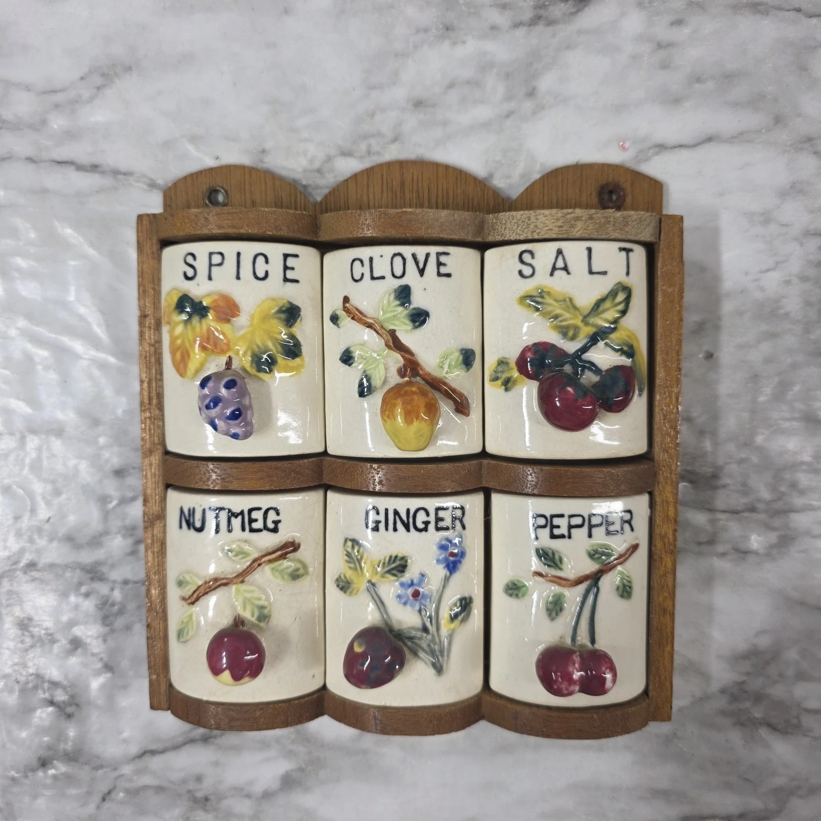 Vintage Wood Spice Rack 6 Ceramic Shakers w/Fruit Handles Japan Granny Core READ