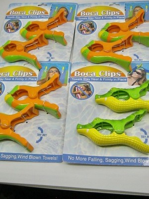 4 Pairs Boca Clips Beach Towel Holders Fish & Crocodile Alligator 8 Clamps Total