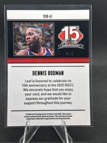2025 Leaf 15th Anniversary NSCC Dennis Rodman Green Lava #4/6 Pistons - Picture 2 of 2