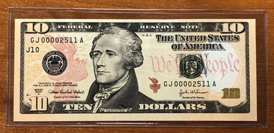 2004A $10 BEP Choice Uncirculated Fancy Low Serial Number GJ00002511A Kansas C