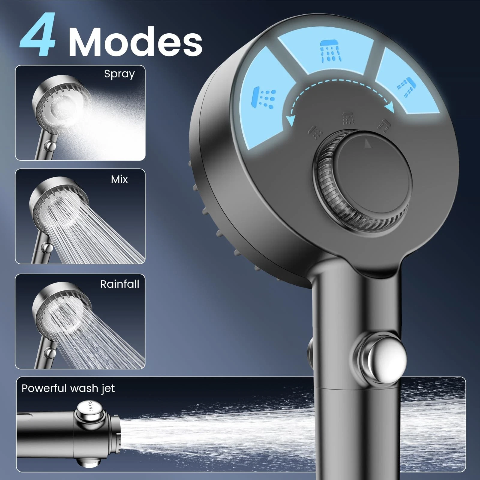 High Pressure Shower Head with 18 Stage Filter & 1.5m Hose Set 4 Spray Modes