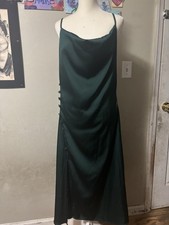 Dark Green Satin Full Slip Adjustable Straps Button Accents Women's Dress
