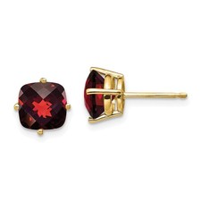 14k Yellow Gold 7mm Cushion Cut Garnet Checkerboard Solitaire Stud Earrings