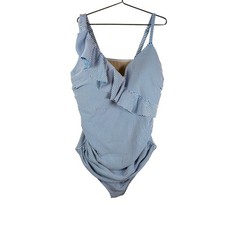 Cacique Blue White Striped Seersucker One Piece Swimsuit Ruffle Plus Size 26