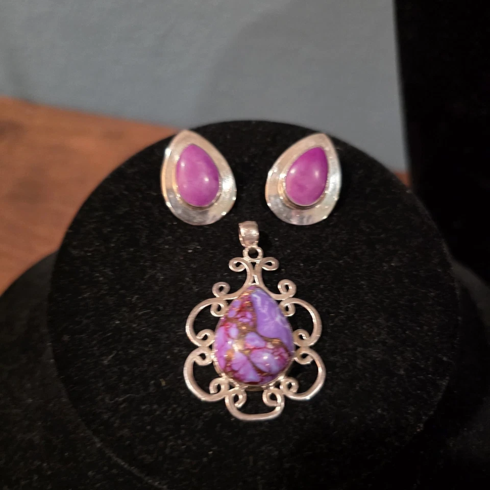Natural Purple Copper Turquoise 925 Sterling Silver Pendant W/ Earrings Set - Image 2 of 4