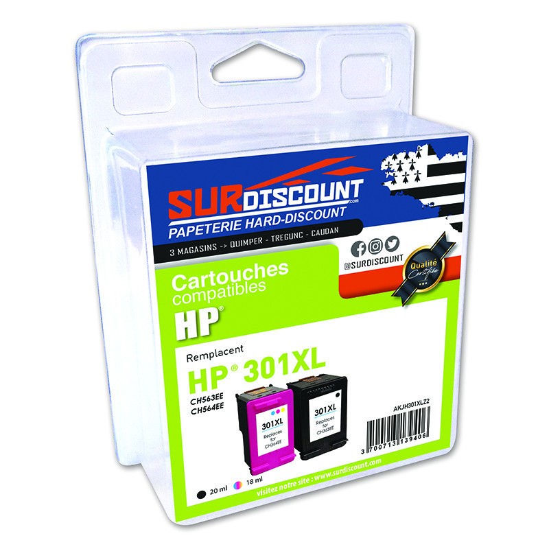 Pack de 2 cartouches HP 301XL compatibles Surdiscount pour le télétravail