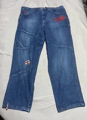 VTG Roca Wear Jeans Mens 44x32 Y2K Baggy Embroidered Patchwork 9 Pocket
