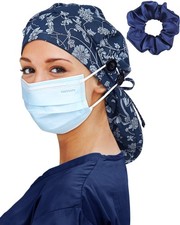 Surgical Cap for Women Silk Satin Lined OR Scrub Hats Thick Braids Natural Blue